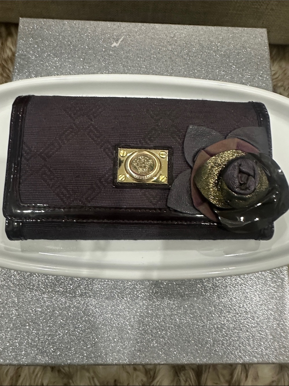 VERSACE Deep plum color Floral Accent Trifold Wallet with Gold VERSACE Medusa